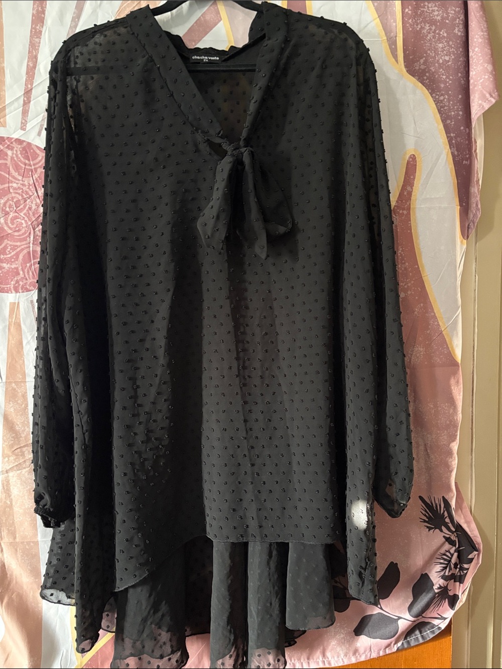 cha cha vente 2X Black Swiss Dot Tie-Neck high low Tunic loose and flowy